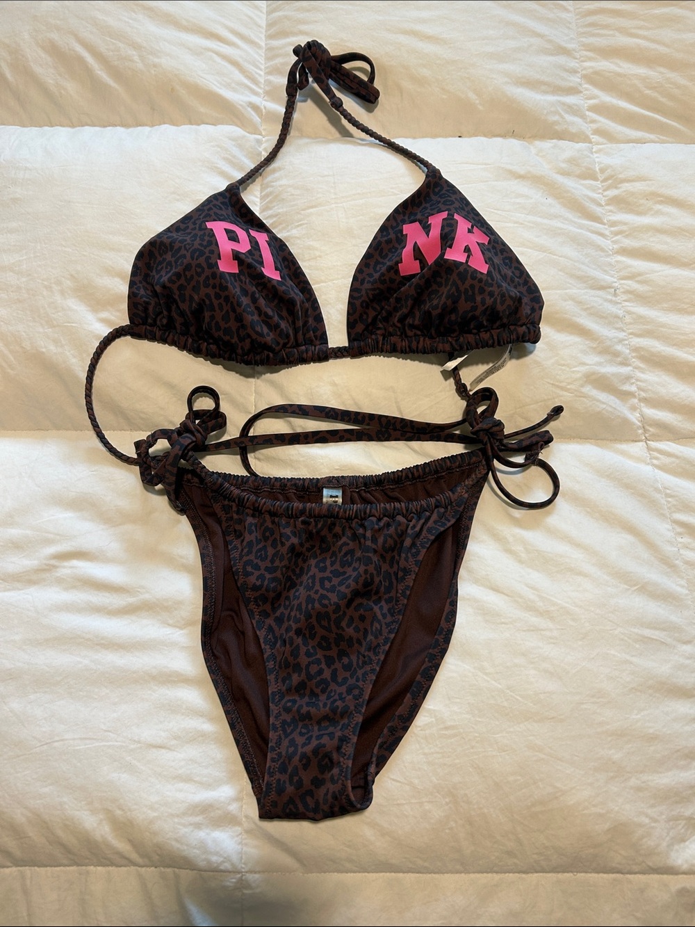 PINK Victoria's Secret Brown Leopard Bikini with Pink Logo